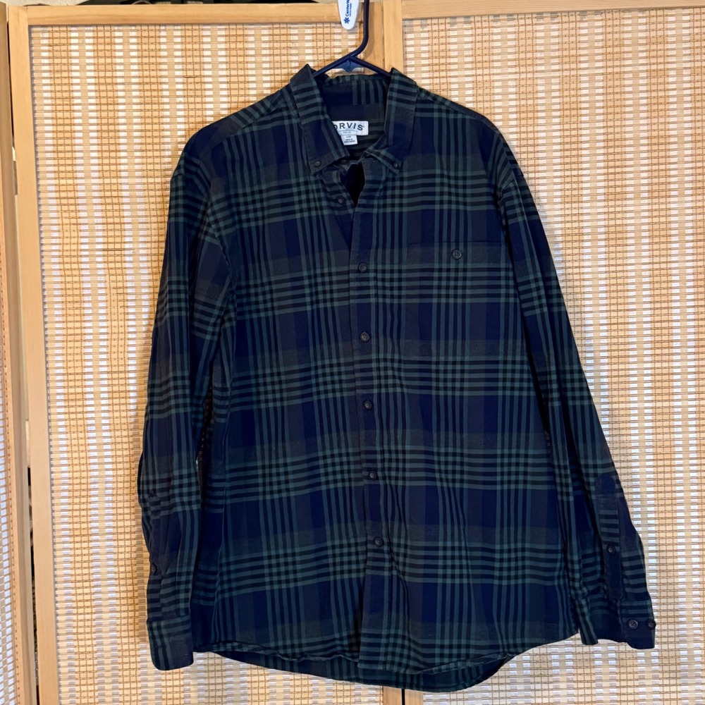 Orvis Mens Large Plaid Flannel Shirt Navy Green Long Sleeve Button Down Street